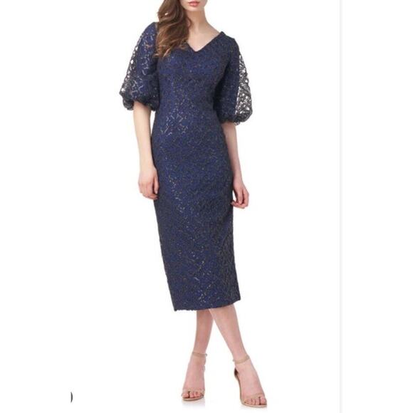 JS Collections Adeline Cocktail Midi Dress Dark Midnight Navy Blue NWT Womens 8 - Picture 1 of 9